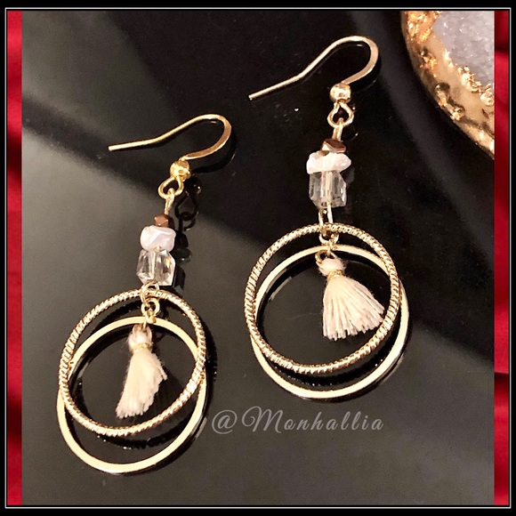 NEW GOLD BOHO HIPPIE HOOP TASSEL ABSTRACT ROPE PEARL BEAD MODERN EARRINGS - Picture 1 of 5